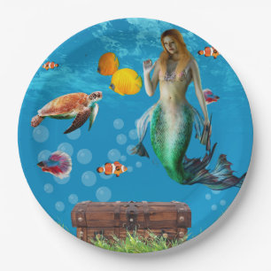 Underwater Mermaid Treasure Hunt Fantasy Blue Paper Plate