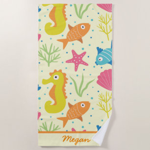 Underwater ocean seahorse,starfish seashells name beach towel