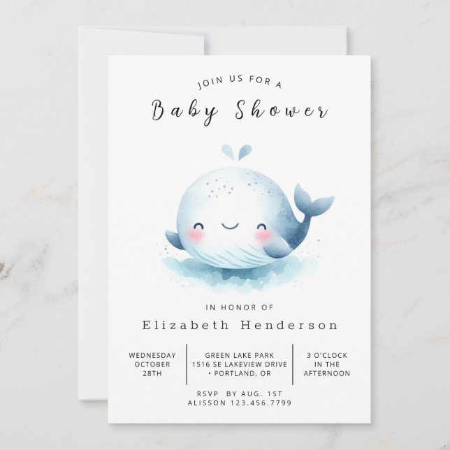 Underwater Printable Whale Baby Shower Invitation (Front)