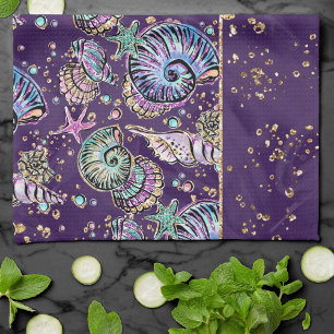 Underwater Purple Luxe   Dark Pastel Gold Sea Life Tea Towel
