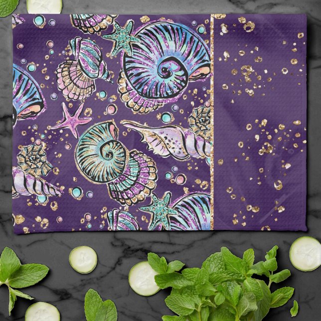 Underwater Purple Luxe | Dark Pastel Gold Sea Life Tea Towel (Creator Uploaded)