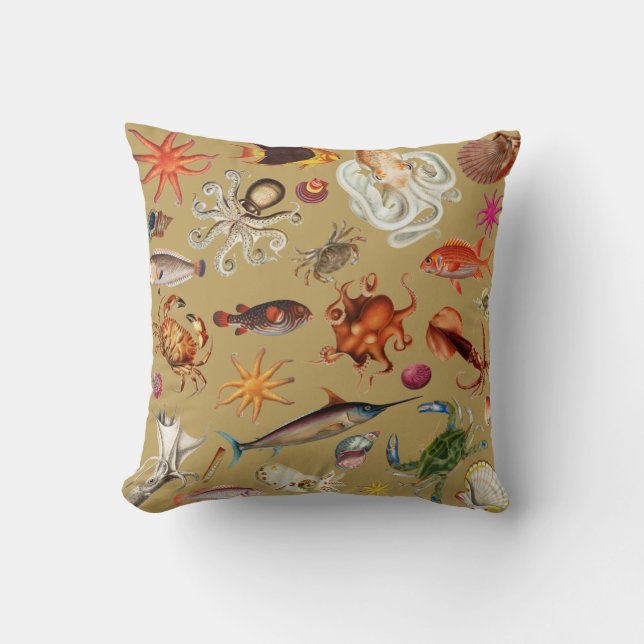 Underwater Sea Life Illustration Pattern Gold Cushion (Front)