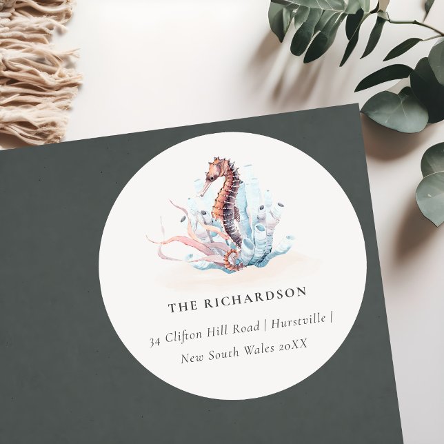 Underwater Seahorse Seaweed Coral Address Classic Round Sticker (Creator Uploaded)