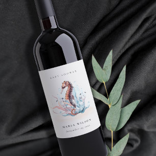 Underwater Seahorse Seaweed Coral Baby Shower Wine Label