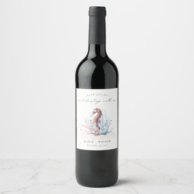 Underwater Seahorse Seaweed Coral Wedding Wine Label (Front)