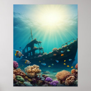 Underwater shipwreck on a reef poster
