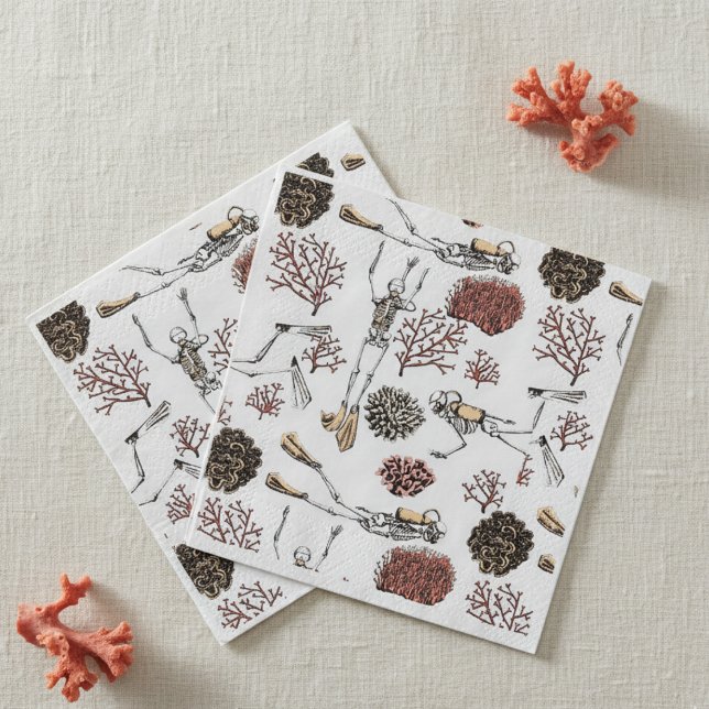 Underwater Skeleton Scuba Diving Paper Napkin (White Skeleton Scuba Diver Underwater Pattern Paper Napkins for Halloween / Dia de los Muertos Party)