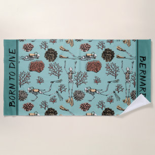 Underwater Sport Skeleton Scuba Diver Born to Dive Beach Towel