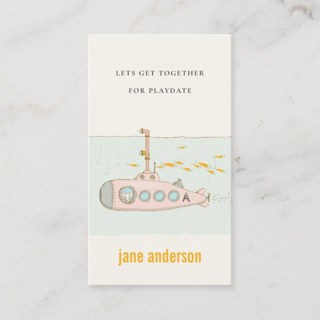 Underwater Submarine Monogram Kid Playdate Calling Business Card (Front)