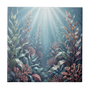 Underwater Sunbeams Coral Reef Seaweed Ocean Scene Tile