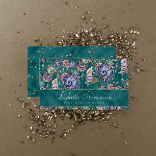 Underwater Teal Luxe Green Pastel Gold Seashells Business Card