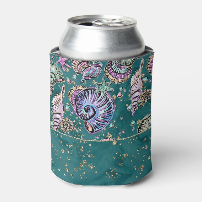 Underwater Teal Luxe | Green Pastel Gold Seashells Can Cooler (Can Front)