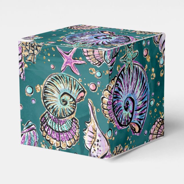 Underwater Teal Luxe | Green Pastel Gold Seashells Favour Box (Front Side)