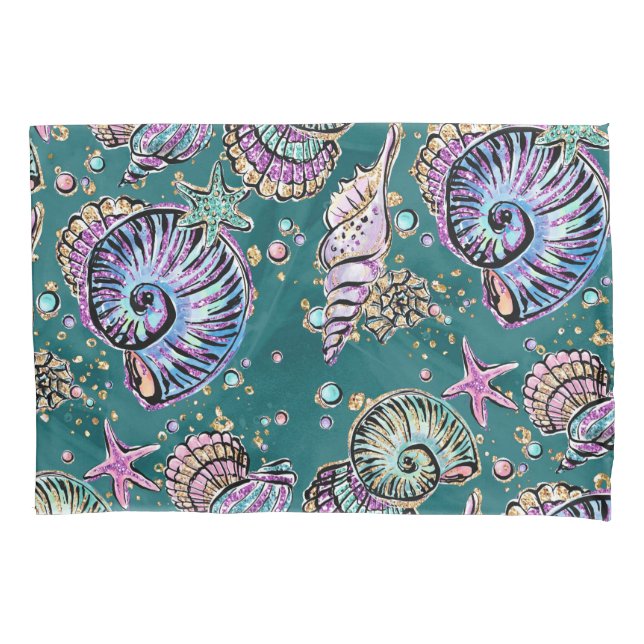 Underwater Teal Luxe | Green Pastel Gold Seashells Pillowcase (Front)