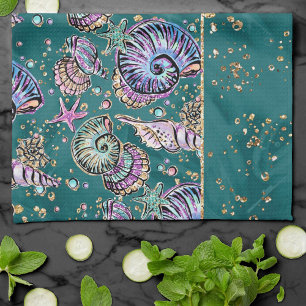 Underwater Teal Luxe   Green Pastel Gold Seashells Tea Towel