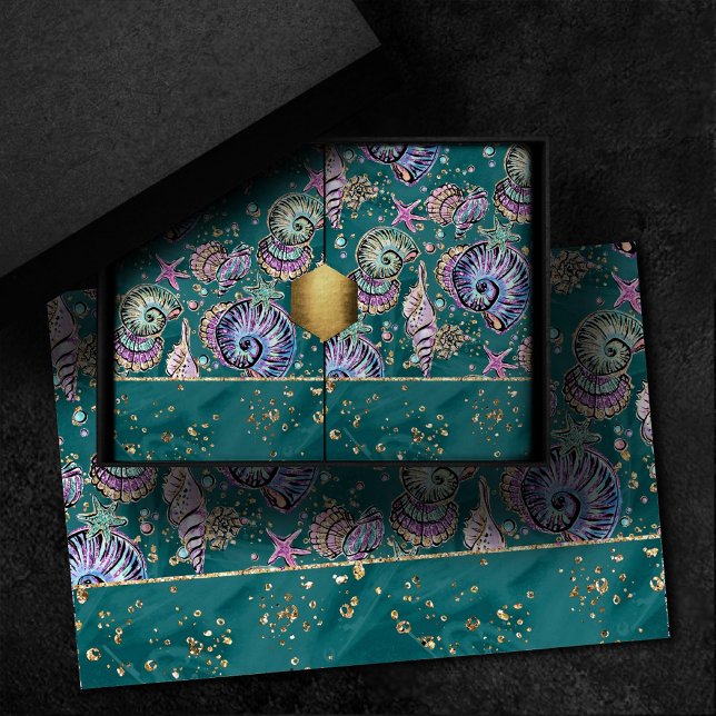 Underwater Teal Luxe | Green Pastel Gold Seashells Tissue Paper (Creator Uploaded)