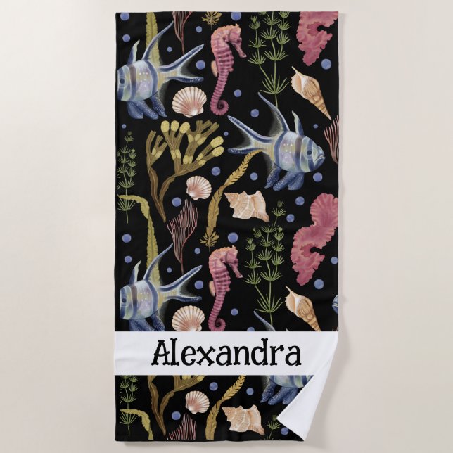 Underwater Treasures - Fish, Shells, Sea Horses Beach Towel (Front)