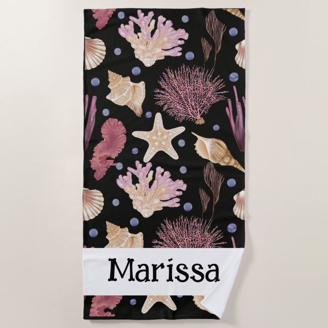Underwater Treasures - Shells, Coral, Starfish Beach Towel (Front)