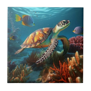 Underwater Turtle Swimming Ocean Ceramic Tiles