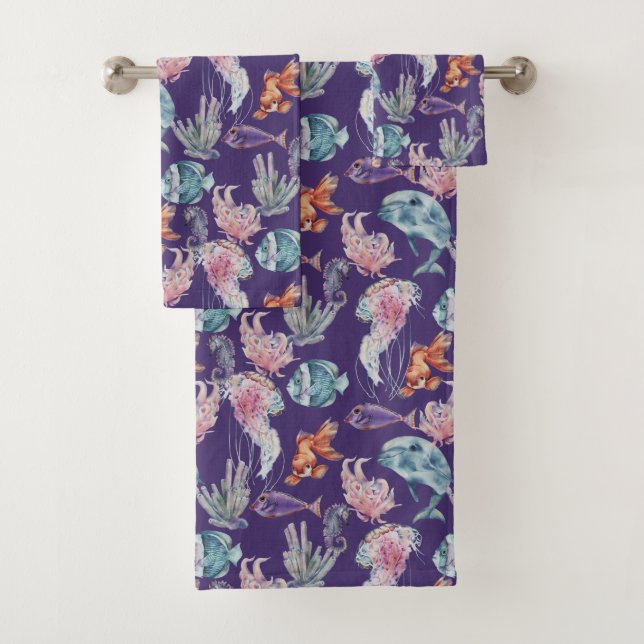 Underwater Watercolor Composition Series Design 2 Bath Towel Set (Insitu)