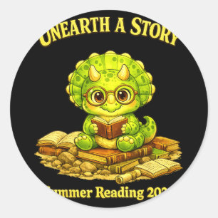 Unearth a story triceratops dinosaur reading books classic round sticker