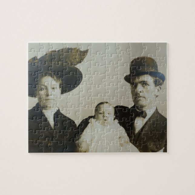 Uneasy Daddy in Bowler Family RPPC B&W Photo Image Jigsaw Puzzle (Horizontal)
