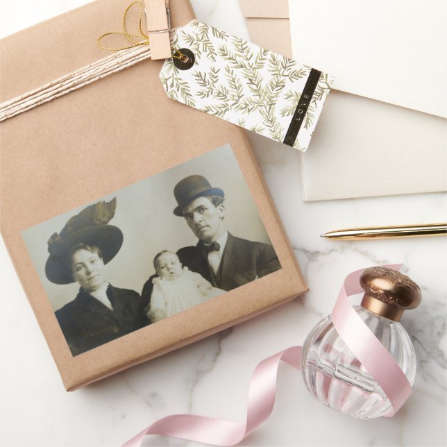 Uneasy Daddy in Bowler Family RPPC B&W Photo Image Rectangular Sticker (Gifting)
