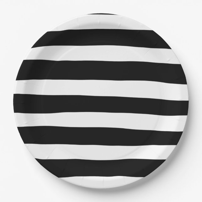 Uneven Stripes - Black and White Paper Plate (Front)