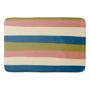 Uneven Stripes - Blue, Olive Green, Pink and Cream Bath Mat