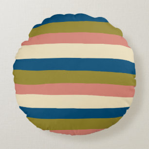 Uneven Stripes - Blue, Olive Green, Pink and Cream Round Cushion