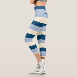 Uneven Stripes - Dark Blue, Light Blue and Cream Capri Leggings