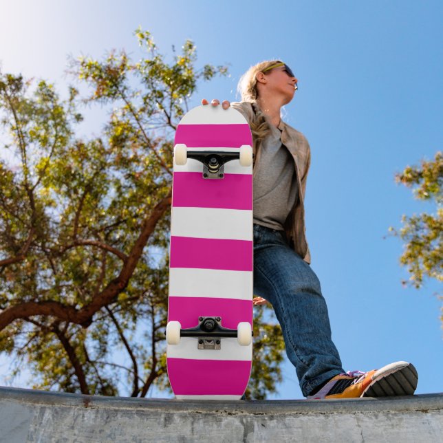 Uneven Stripes in Magenta and White  Skateboard (Outdoor 1)