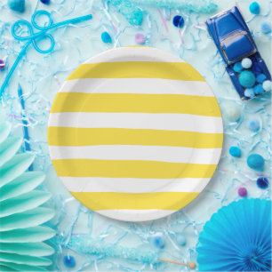 Uneven Stripes - Lemon Yellow and White Paper Plate