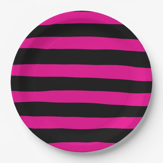 Uneven Stripes - Magenta and Black Paper Plate (Front)
