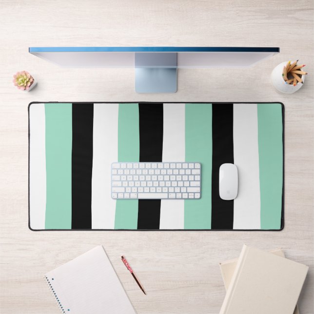 Uneven Stripes - Mint Green, White and Black Desk Mat (Office 1)