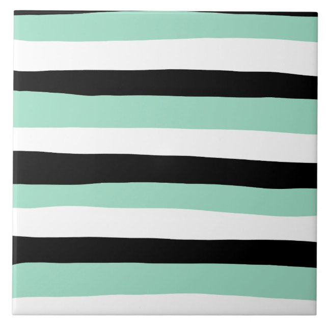 Uneven Stripes - Mint Green, White and Black Tile (Front)