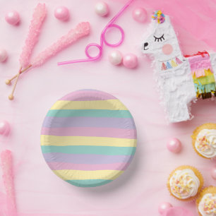 Uneven Stripes-Pastel Pink, Yellow, Purple & Green Paper Plate