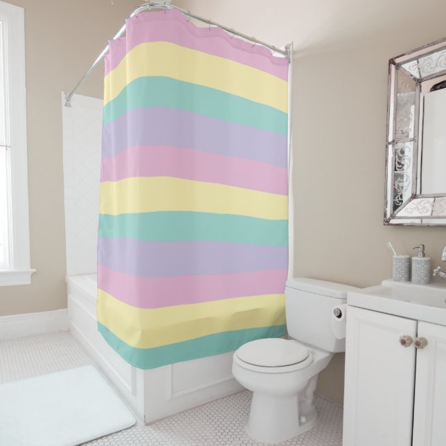 Uneven Stripes-Pastel Pink, Yellow, Purple & Green Shower Curtain (In Situ)
