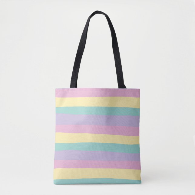 Uneven Stripes-Pastel Pink, Yellow, Purple & Green Tote Bag (Front)