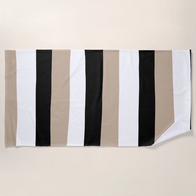 Uneven Stripes - Taupe, Black and White Beach Towel (Front)