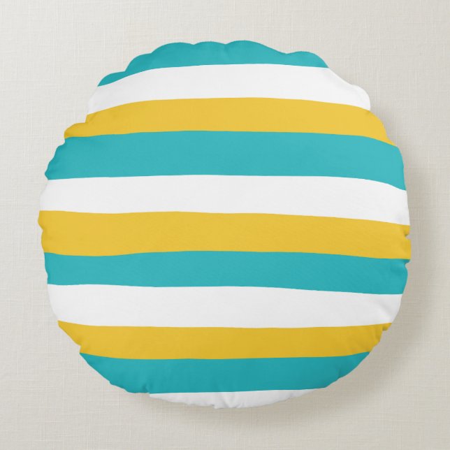 Uneven Stripes - Turquoise and Yellow Round Cushion (Front)
