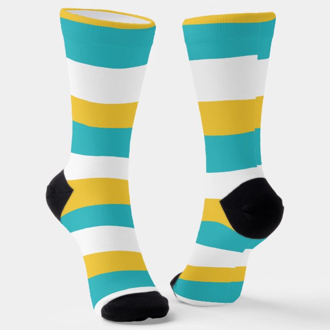 Uneven Stripes - Turquoise and Yellow Socks (Angled)