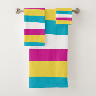 Uneven Stripes - Turquoise, Yellow, Pink and White Bath Towel Set
