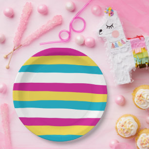 Uneven Stripes - Turquoise, Yellow, Pink and White Paper Plate