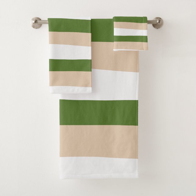 Uneven Stripes - White, Sand and Palm Green Bath Towel Set (Insitu)