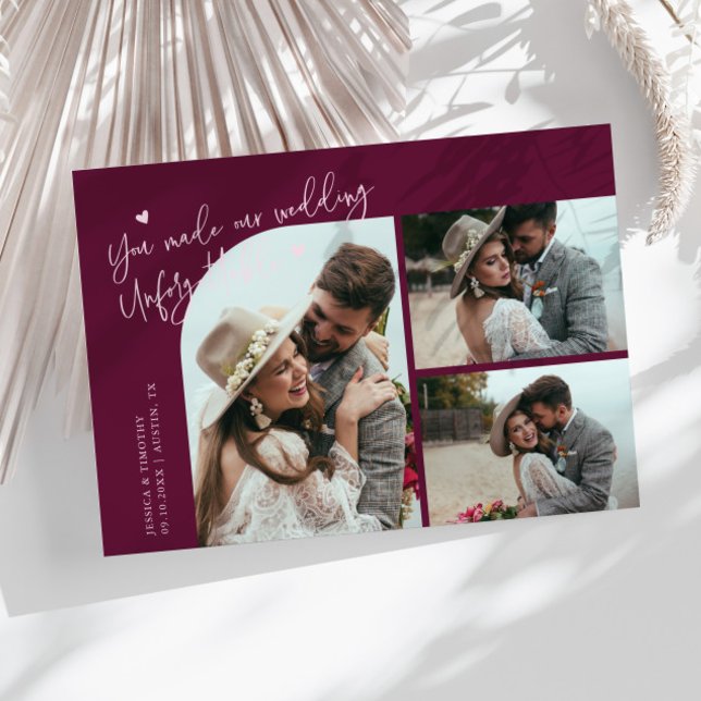 Unforgettable Wedding Cranberry Multi Photo Thank You Card (Creator Uploaded)