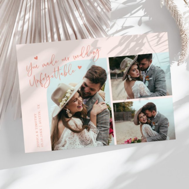 Unforgettable Wedding Peach Multi Photo Thank You Card (Creator Uploaded)