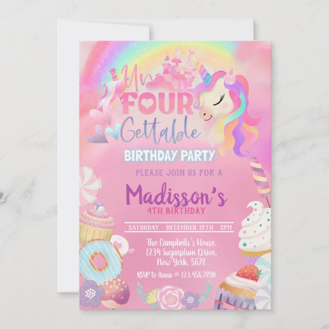 Unfourgettable Unicorn Doughnut Sweet 4th Birthday Invitation (Front)