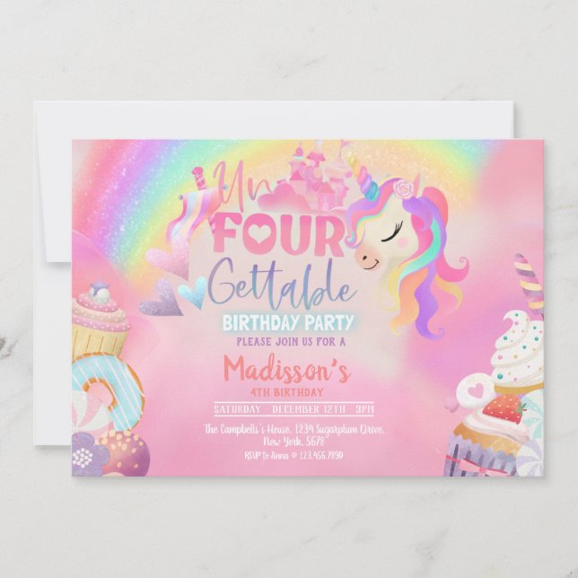 Unfourgettable Unicorn Doughnut Sweet 4th Birthday Invitation (Front)