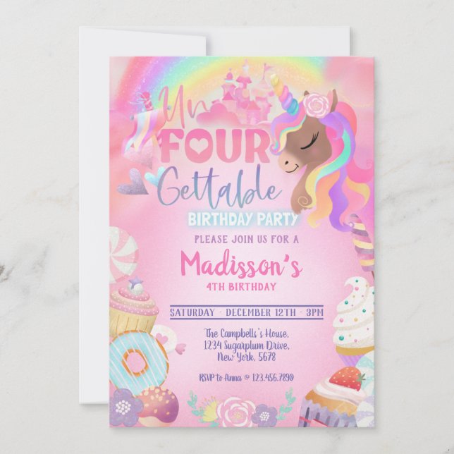 Unfourgettable Unicorn Sweet Girl 4th Birthday  Invitation (Front)